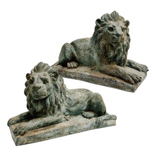 Grand Scale Vintage Continental European Patinated Bronze Recumbent Lions - Pair For Sale
