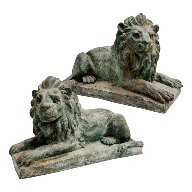 Grand Scale Vintage Continental European Patinated Bronze Recumbent Lions - Pair For Sale