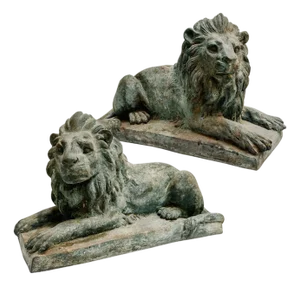Grand Scale Vintage Continental European Patinated Bronze Recumbent Lions - Pair
