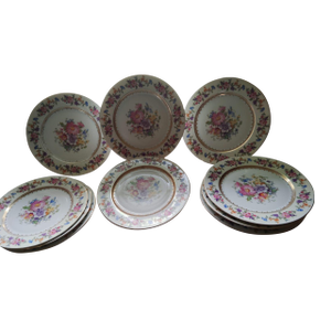 1960’s Vintage Brigitta Dinner Plates with Gold Rim & Floral Design- Set of 10