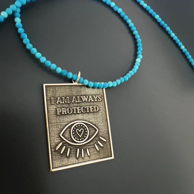 Sterling Silver I Am Always Protected Pendant Turquoise Stone Beaded Necklace For Sale - Image 9 of 10