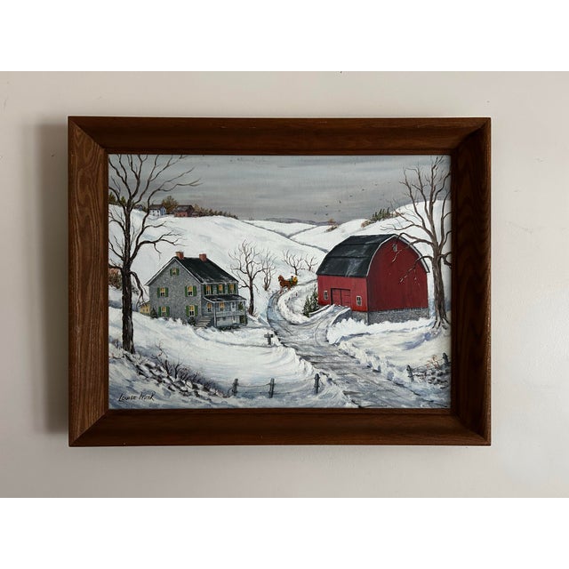 Estate find from an old Lancaster County Pennsylvania estate. Snowy farm scene landscape oil painting on canvas. In...
