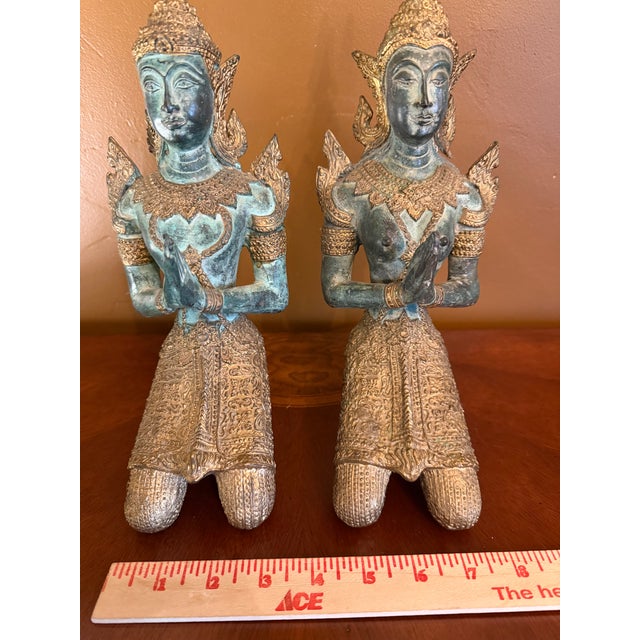 Tibetan Guardian Angel Theppanom Statues Bronze / Gold Gilt 13" - ca.1960 - A Pair For Sale - Image 15 of 15