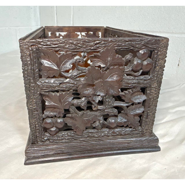 Wood Antique Hand Carved German Black Forest Wood Reticulated Dresser Spool Box For Sale - Image 7 of 12