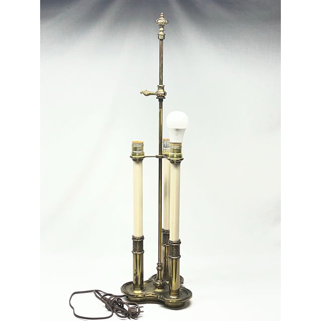 French Country Mid 20th Century Stiffel Brass 3-Light Bouillotte Table Lamp With Black Tôle Shade For Sale - Image 3 of 12