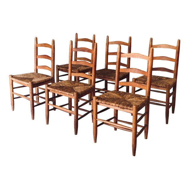 Low Rustic Ladder Back Dining Chairs in Oak and Rush, Belgium, 1950s, Set of 6 For Sale
