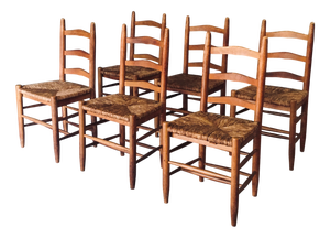 Low Rustic Ladder Back Dining Chairs in Oak and Rush, Belgium, 1950s, Set of 6