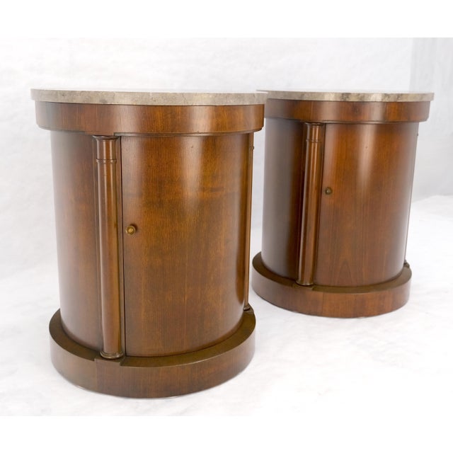 Late 20th Century Baker Pair Cylinder Drum Shape Marble Top One Door Compartment Side End Tables For Sale - Image 5 of 18