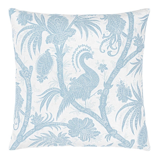 Scalamandre 22" x 22" Balinese Peacock Pillow in Sky For Sale