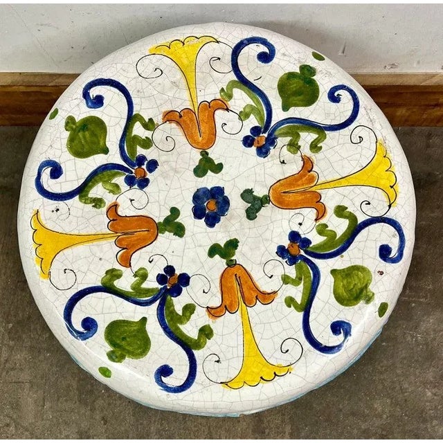 Ceramic Majolica Italian Ceramic Terracotta Hand Painted Hollywood Regency Stool For Sale - Image 7 of 10