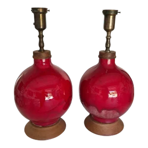 Midcentury Signed “Rembrandt Lamps” Deep Red Ceramic Lamps - a Pair