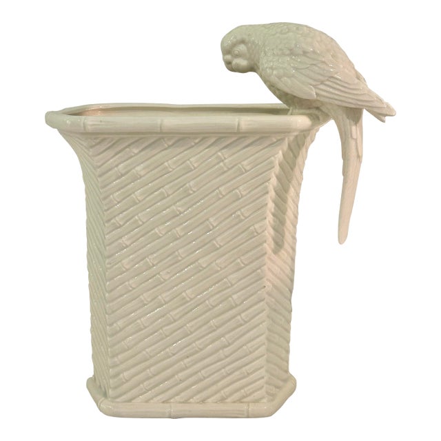 1970s Fitz & Floyd White Parrot Faux Bamboo Chinoiserie Planter Japan For Sale