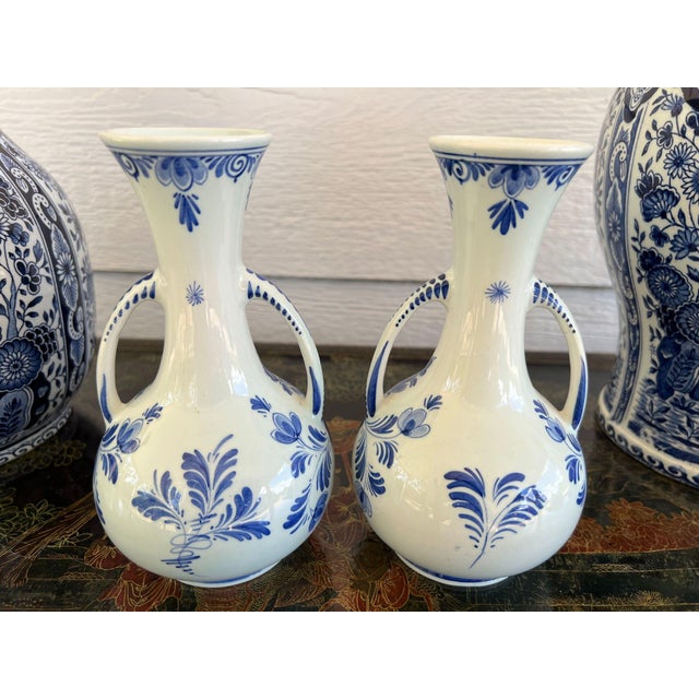 Pair Petite Vintage Delft Vases Blue & White Windmilll Hand Painted Bud Vases For Sale - Image 11 of 18