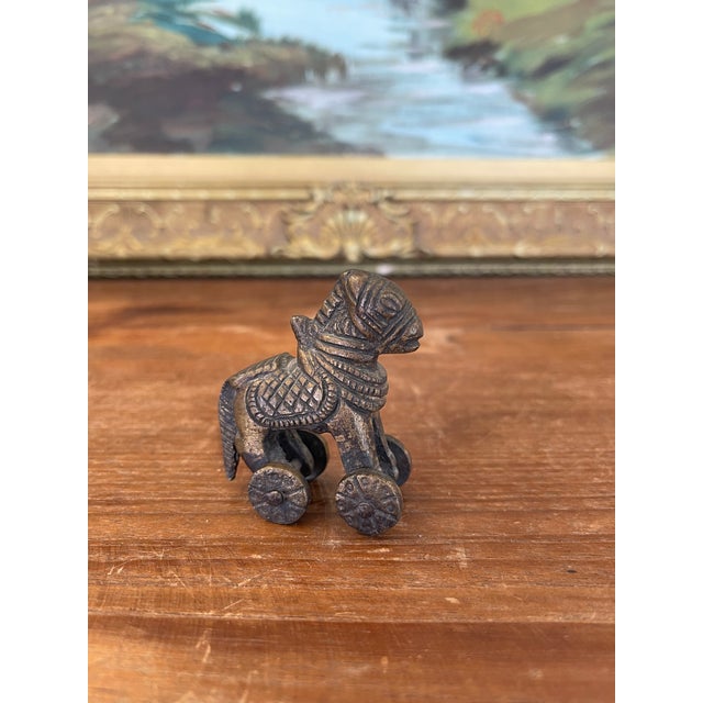 Likely Antique Bronze Toned Toy Horse on Wheels, Tribal Folk Art Figurine From India For Sale - Image 9 of 9
