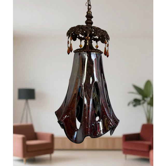 Art Glass Reddish Brown Fazzoletto Stretched Loop Shade Pendant Light For Sale - Image 10 of 18