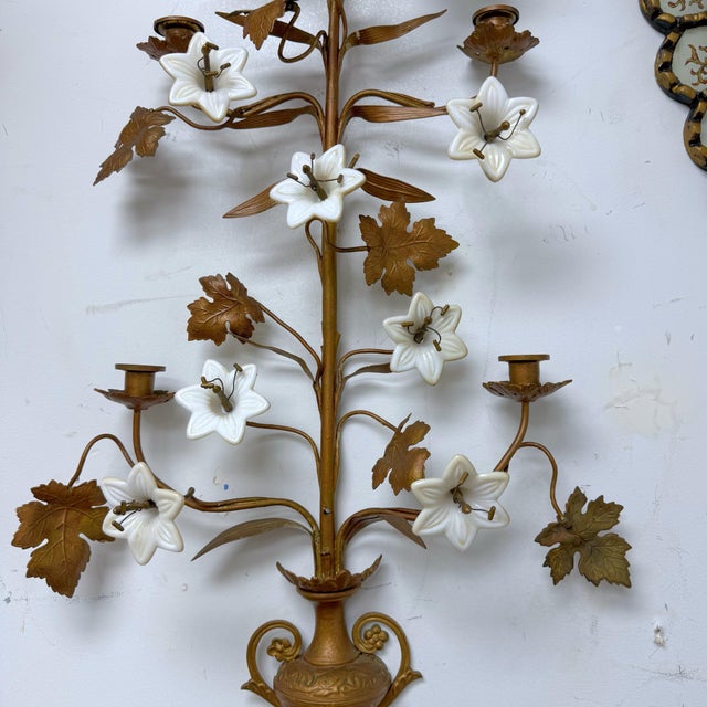 Metal Pair of Late 19th Century French Gilt Metal and Opaline Glass Five-Light Floral Candle Sconces For Sale - Image 7 of 12