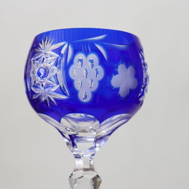 Four Antique Bohemian Cobalt Blue Floral & Grape Cut To Clear Crystal Tall Stemmed Wine Goblets C1910 Measures - 8 1/4" x...