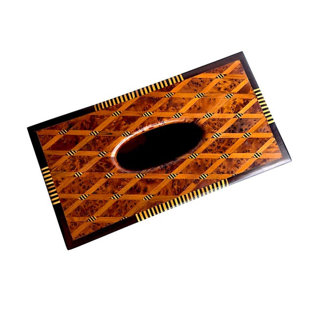 1980s Vintage Marquetry Burled Wood Tissue Box Holder For Sale - Image 5 of 12