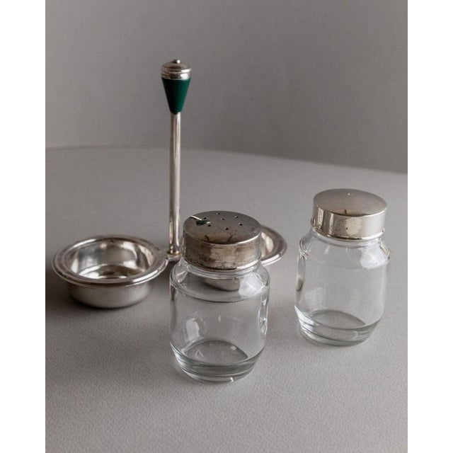 Vintage Silver-Plated Glass Salt and Pepper Shaker and Vinegar and Oil Bottles, Italy, 1970s, Set of 5 For Sale - Image 10 of 12