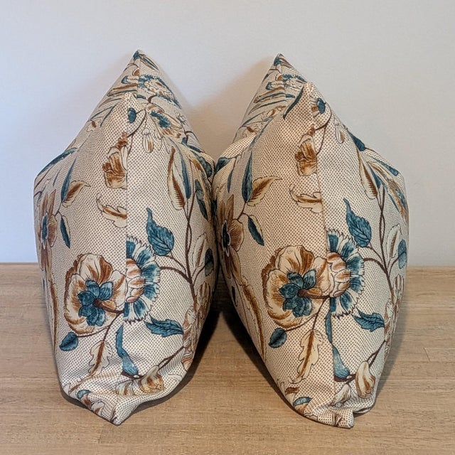 Rosa Bernal Santander Lumbar Pillows in fun earthy tone floral with rust and blues. Invisible zippers and professionally...