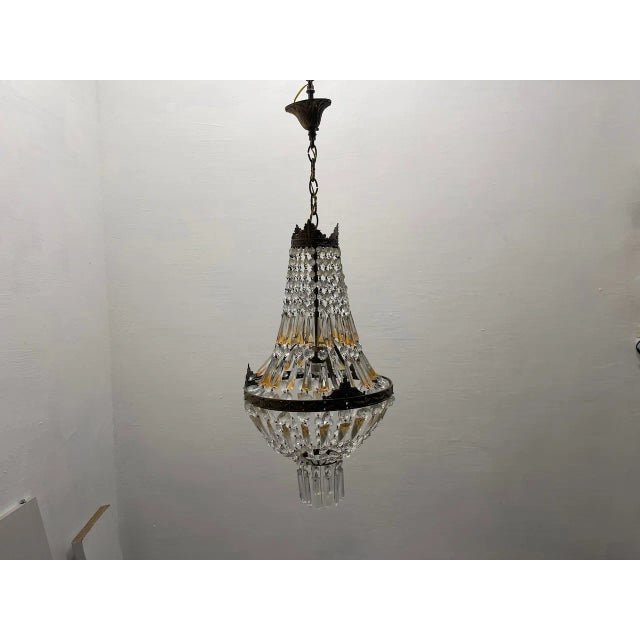 Glass Vintage Bronze Crystal Basket Chandelier, 1960s For Sale - Image 7 of 12