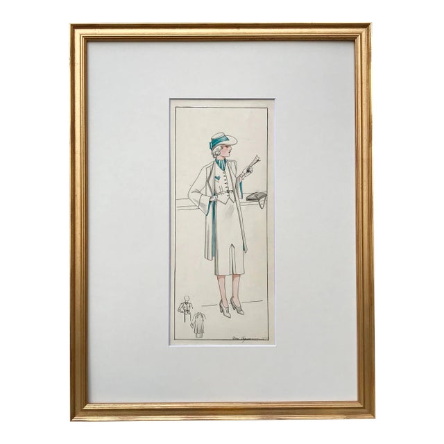 Original Art Deco Era Watercolor Painting Fashion Design by L. Aquaviva 1934 For Sale