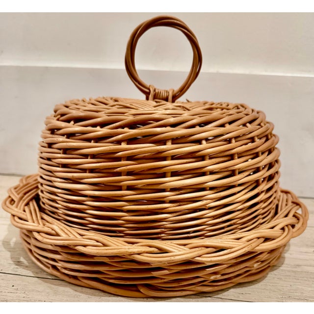 Vintage handwoven wicker bread basket with a lid, a farmhouse-style serving piece or kitchen storage container for keeping...