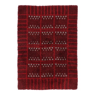 Vintage Swedish Rya Rug With Red Geometry and Ivory Accents - Rug & Kilim For Sale