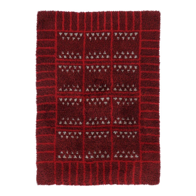 Vintage Swedish Rya Rug With Red Geometry and Ivory Accents - Rug & Kilim For Sale