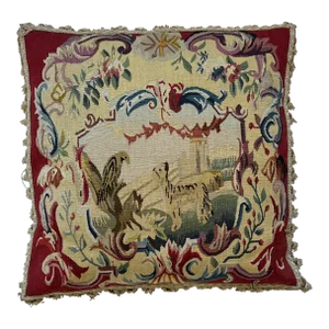 1990s Vintage Embroidered Decorative Pillow With Tassel Fringe and Silk Back.