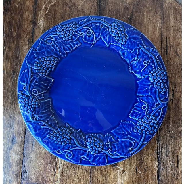 Bordallo Pinheiro Embossed Grapes, Vines and Leaves Cobalt Chop Plate, Platter Made in Portugal 14" diameter and 1 1/8”...