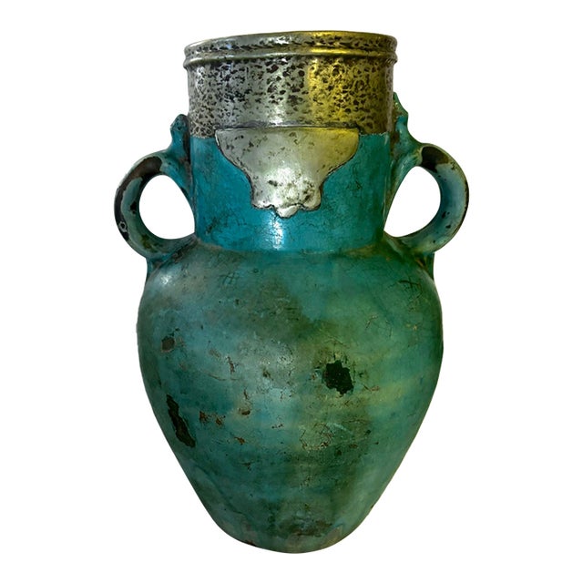 Late 19th-Century Chinese Turquoise-Glazed Wine Jar With Metal Repair For Sale
