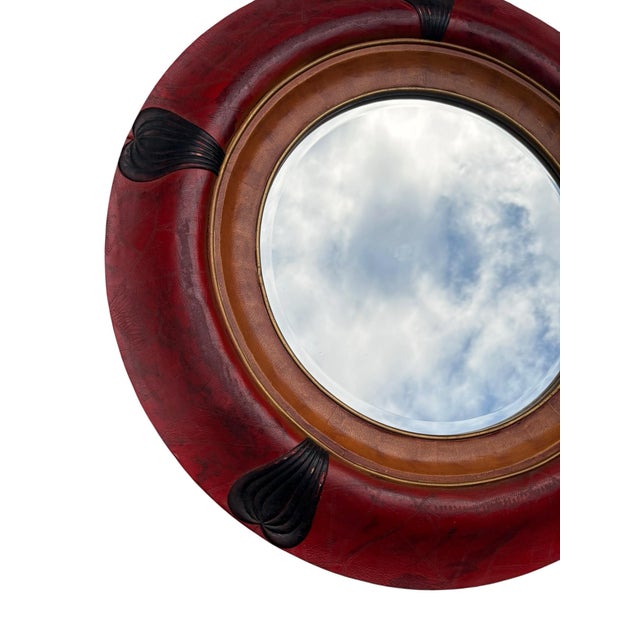 Late 20th Century Vintage Red & Tan Leather Round Wall Mirror Sculptural Accent 36” For Sale - Image 5 of 6