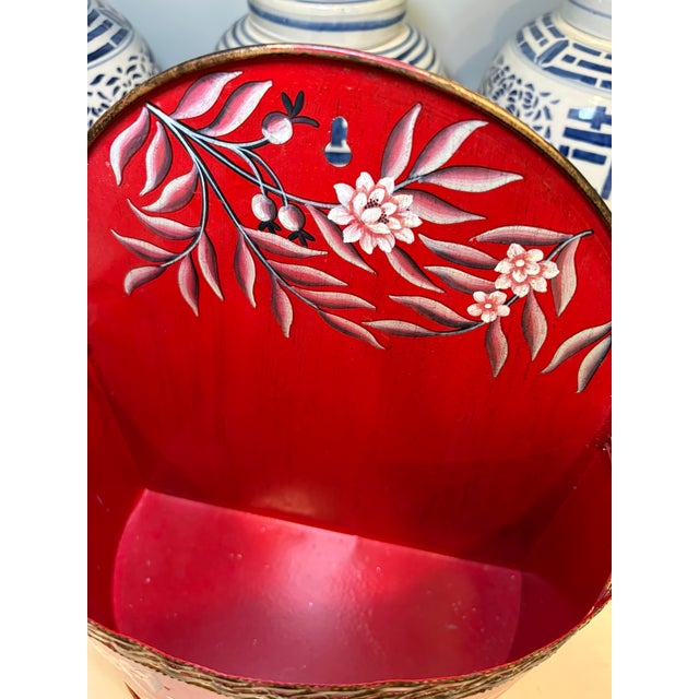 Vintage Hand Painted Red Tole Floral Wall Pocket Planter Mailbox For Sale - Image 11 of 11