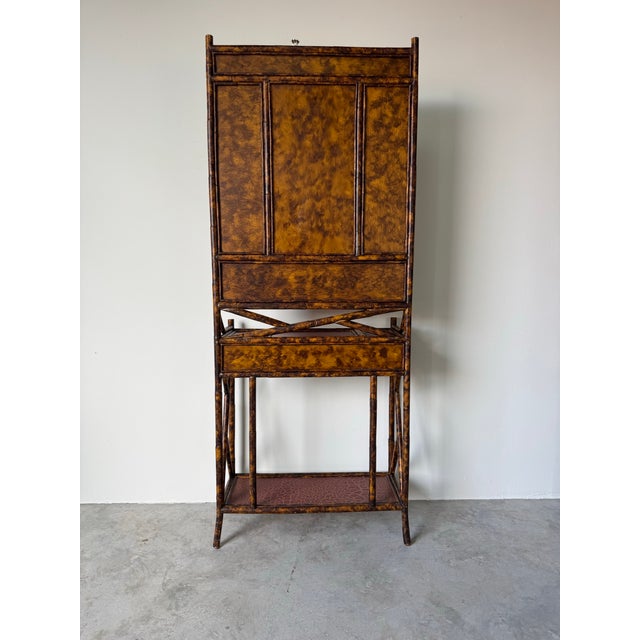 Chinoiserie Vintage Maitland-Smith English Style Burnt Bamboo Hall Tree / Coat Rack With Mirror/Sold For Sale - Image 3 of 12