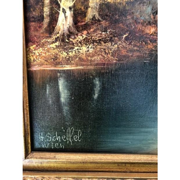 Paint Vintage Signed Romantic Landscape Oil Painting in Ornate Gilt Frame For Sale - Image 7 of 11