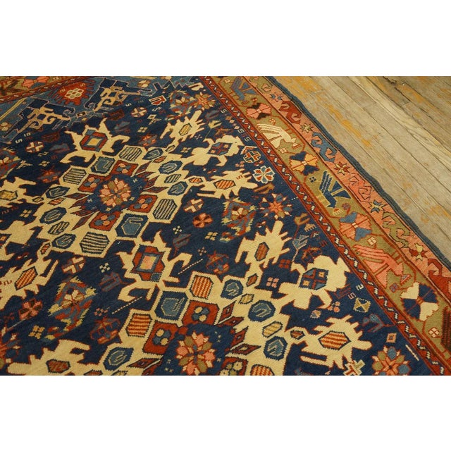 Great Blue and Camel Color With Rhombus and Florid Design Antique Caucasian Bidjov Rug For Sale - Image 11 of 12