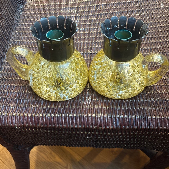 These ARS Cenedese Murano Gold/Fleck Controlled Bubbles Modern Candle Holders are a stunning piece of art glass...