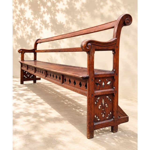 Large Chapel Pew in Oak with Cross and Fleur-De-Lis Motifs, 1820 For Sale - Image 3 of 7