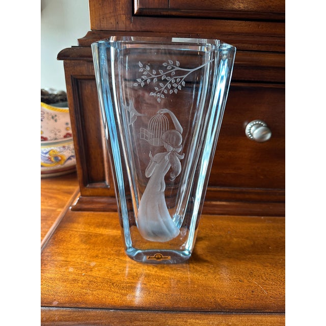 Mid 20th Century Vintage Strömbergshyttan B1046 Swedish Mid-Century Ice Blue Engraved Crystal Vase For Sale - Image 5 of 14