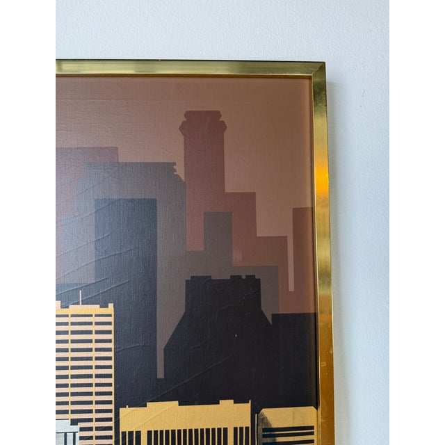 Metal 1970s Vintage Franco Modernist Cityscape Acrylic on Canvas Painting – Gold Aluminum Frame For Sale - Image 7 of 11