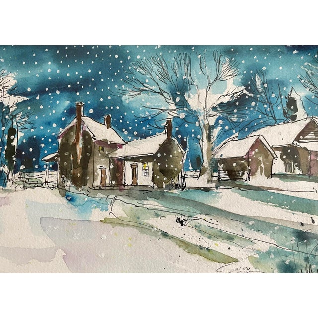 Cool-toned pen and ink watercolored New England painting of warm homes in the snow, 2005. Signed lower right. Loosely...