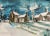 Cool-toned pen and ink watercolored New England painting of warm homes in the snow, 2005. Signed lower right. Loosely...
