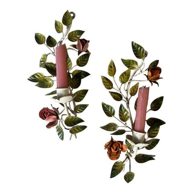 Vintage Italian Floral Rose Tole Wall Mounted Candle Holder - a Pair For Sale