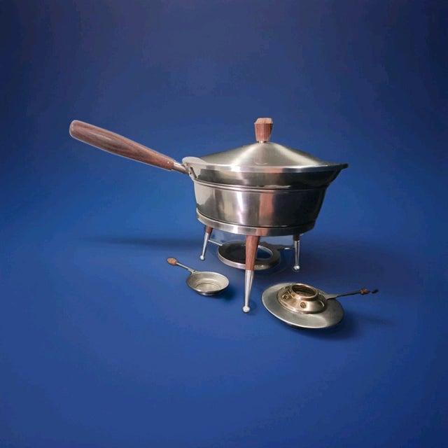 Vintage Mid-Century Modern Stainless Steel & Teak Chafing/Fondue Set - 6 Pc For Sale - Image 17 of 17