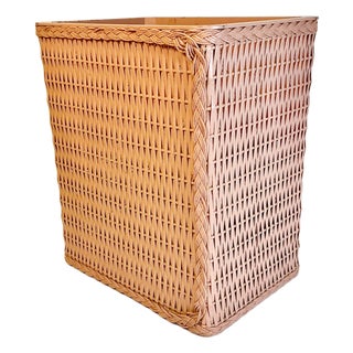 Mid-Century Boho Chic Coastal Peach Colored Wicker Wastebasket. For Sale