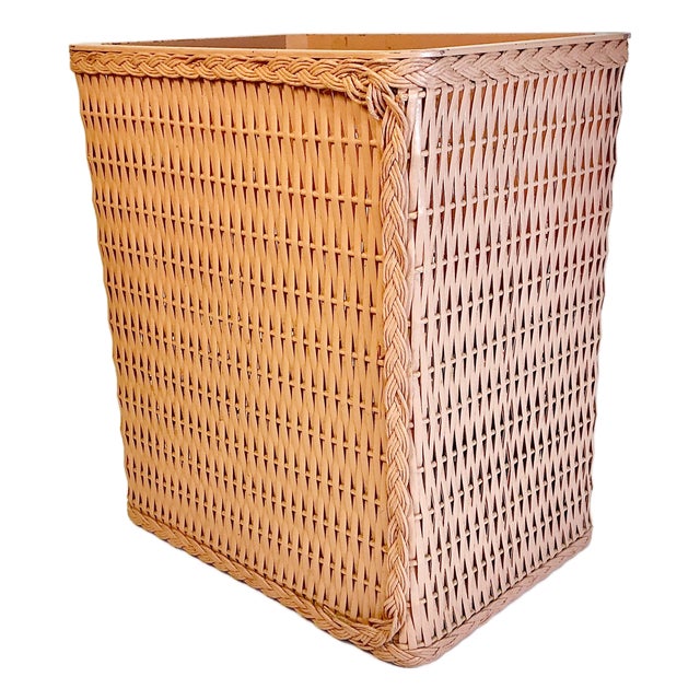 Mid-Century Boho Chic Coastal Peach Colored Wicker Wastebasket For Sale