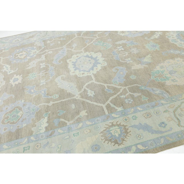 2020s Modern Hand-Knotted Oushak Style Wool Rug in Muted Taupe, Soft Blue, and Seafoam For Sale - Image 5 of 12
