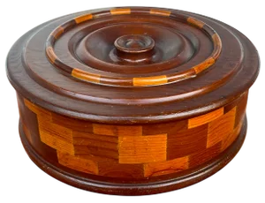 Large 1930s Handmade Parquetry Marquetry Wooden Round Arts and Crafts Style Lidded Box