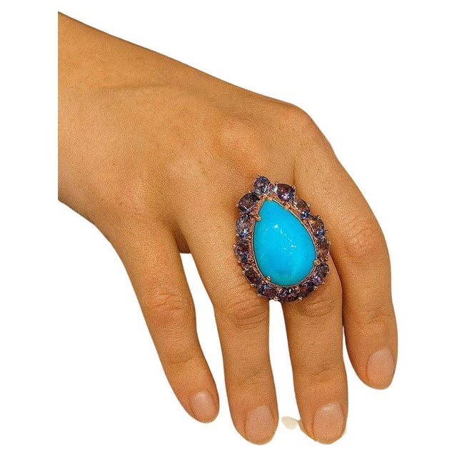 Bochic "Capri" Vintage Turquoise & Tanzanite Ring Set In 18K White Gold & Silver For Sale - Image 17 of 18